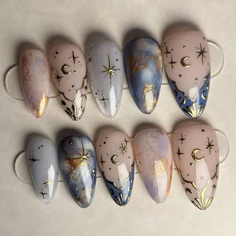 Nail Art Ombre - 24枚入りショートアーモンドネイルセット、フルカバースタームーンウェーブフレンチグリッタープレスオンネイル、ジェリー接着剤付き取り外し可能ネイルアート