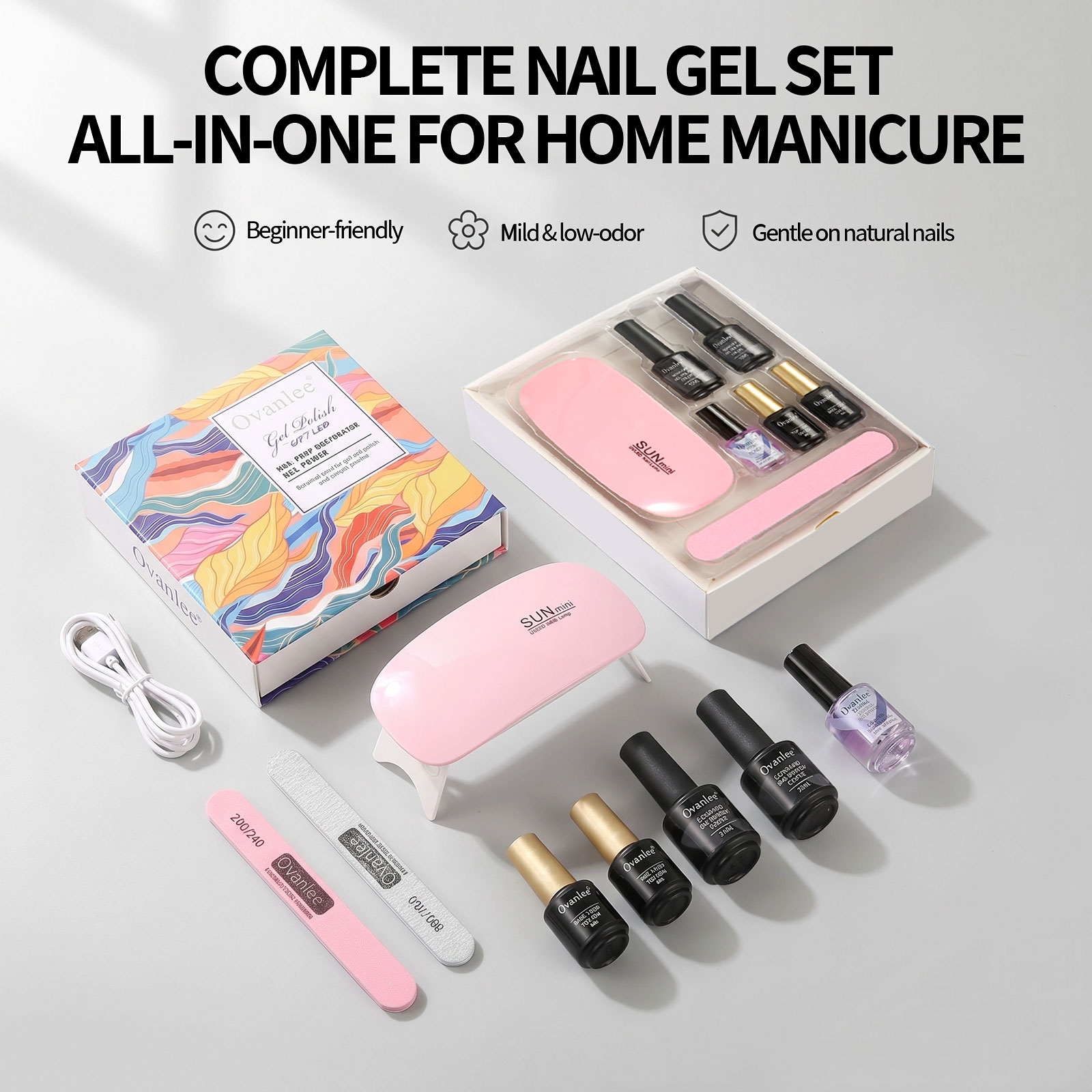 Nail Art Full Color - オバンリー5点セットUVジェルポリッシュキット（ミニランプ付き）– 穏やかで低臭、非刺激性のフォーミュラ、完全なマニキュアツール付属、DIYネイルアート初心者への理想的なギフト