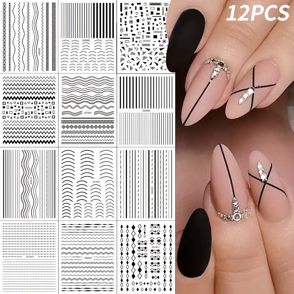 Nail Art Rose Gold - 12枚入りの自己粘着性のある光沢のある黒と白のステッカー - 3Dストライプと幾何学模様、簡単に貼れるDIYネイルステッカー。