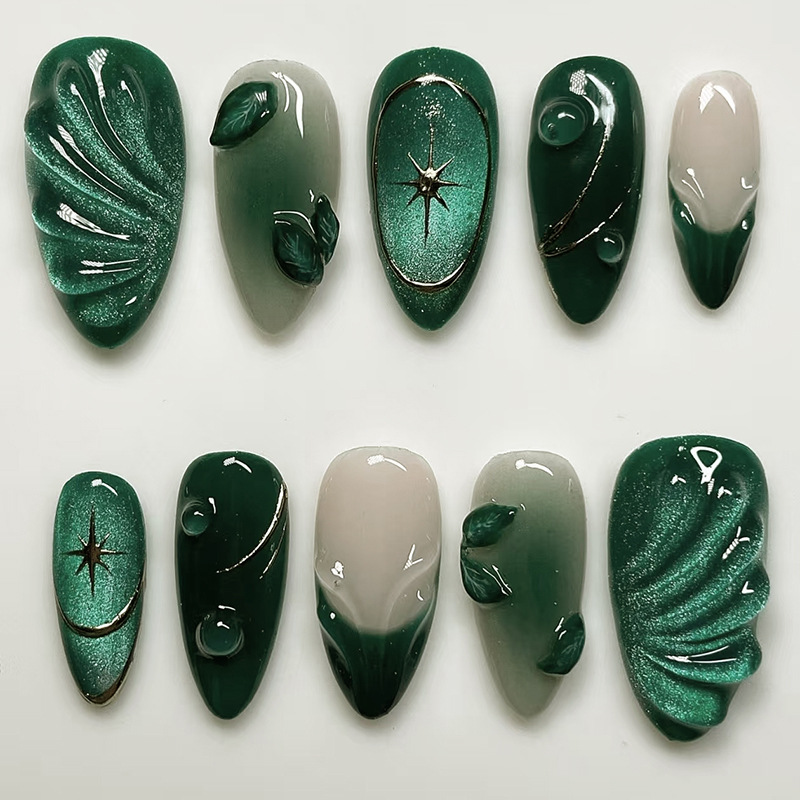Nail Art Oval - 24枚入りグリーンフレンチフェイクネイルセット、アーモンドヘッドデザイン、ショートオーバル、プレスオン式つけ爪、ウェアラブルオーバルキャッツアイマニキュアチップ