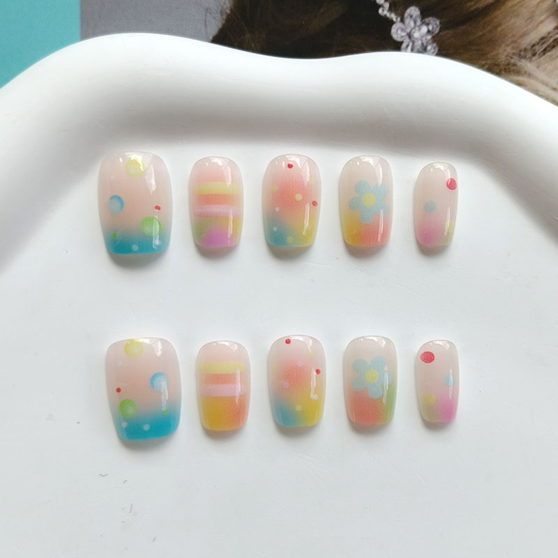 Nail Art Ombre - 10個入り レインボーバブルガム スウィートキュート プレスオンネイル マカロン カラフル