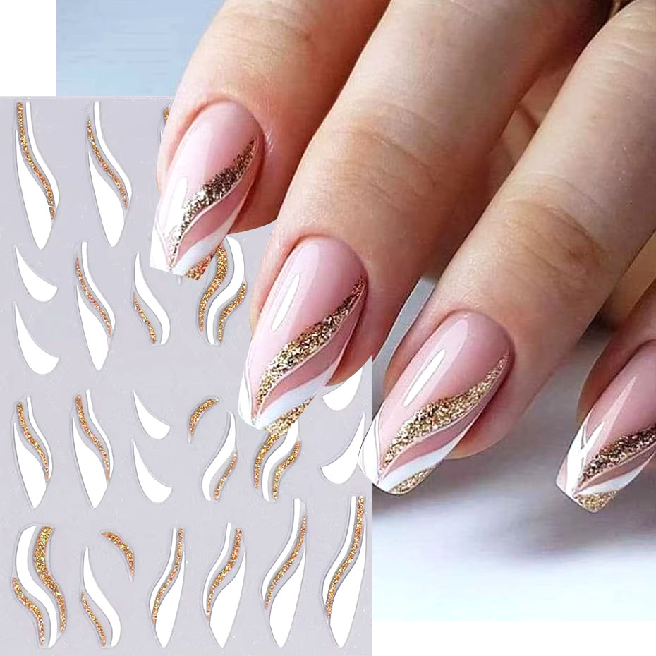 1 個ゴールドグリッターフレンチデザインネイルステッカーホワ - Nail Art Rose Gold のレビューと価格