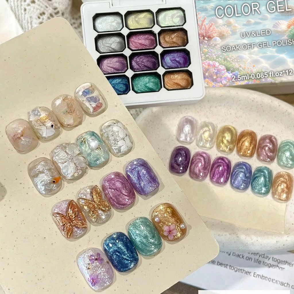 12色オーロラソリッドネイルジェルセット、クロームグリッター - Nail Art Chrome のレビューと価格