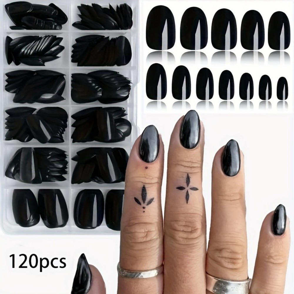 ミディアムアーモンド型光沢ブラックプレスオンネイル、ソリッド - Nail Art Oval のレビューと価格