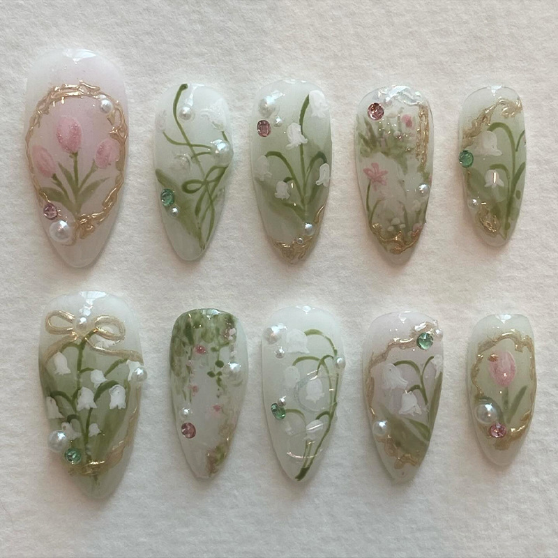 24枚入りグリーンフレンチフェイクネイルセット、アーモンドヘ - Nail Art Oval のレビューと価格